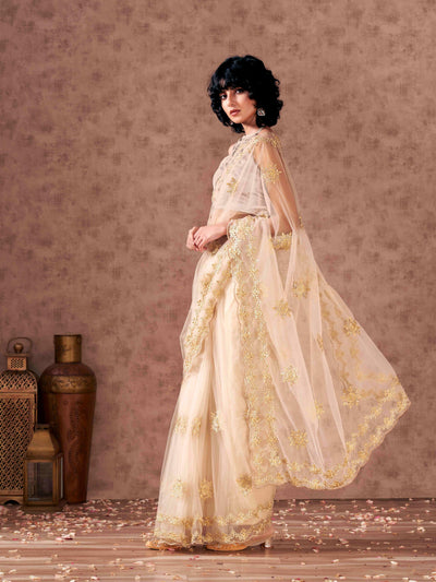 Indyancart TI Women's Cream Net Embroidered Thread Work Saree with Unstitched Blouse