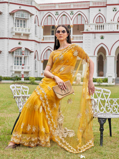 Indyancart TI Women's Mustard Net Embroidered Thread Work Saree with Unstitched Blouse
