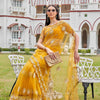 Dhiyona TI Women's Mustard Net Embroidered Thread Work Saree with Unstitched Blouse