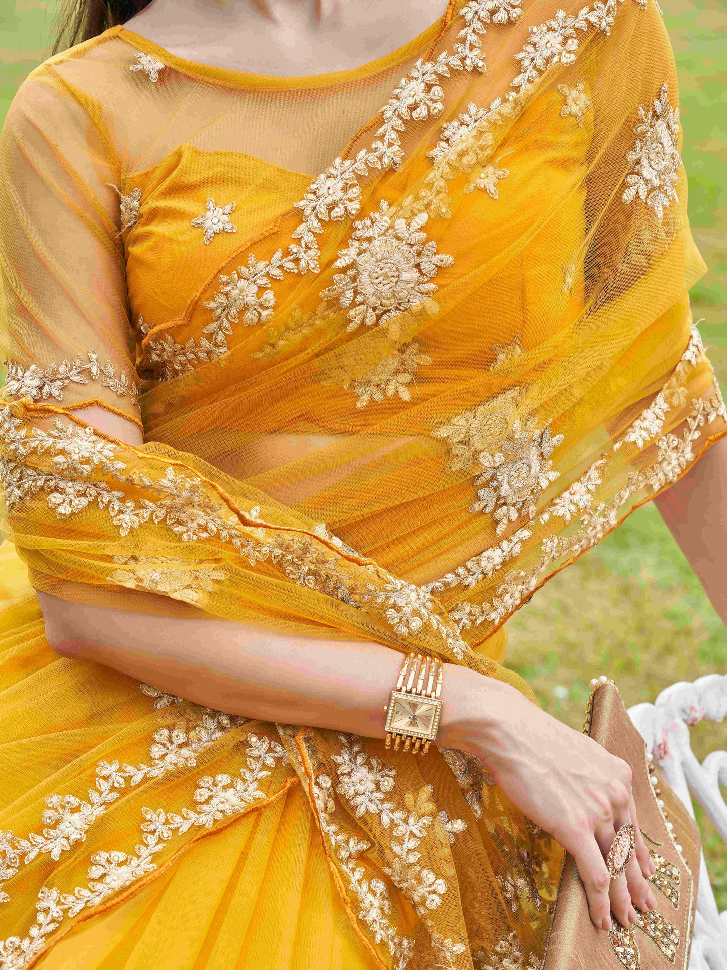 Dhiyona TI Women's Mustard Net Embroidered Thread Work Saree with Unstitched Blouse