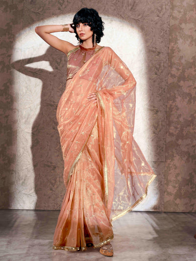 Indyancart TI Women's Peach Shimmer Net Sequined Embroidered Saree with Unstitched Blouse