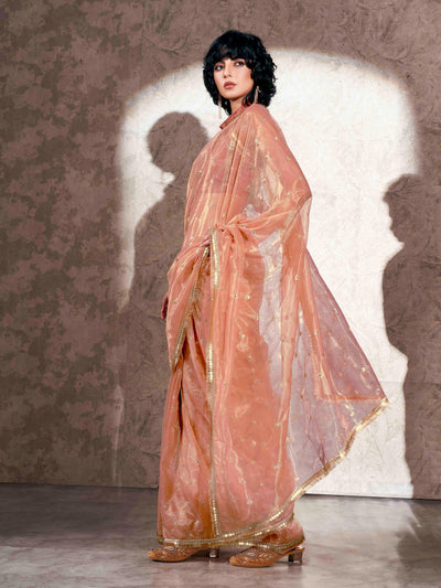 Indyancart TI Women's Peach Shimmer Net Sequined Embroidered Saree with Unstitched Blouse