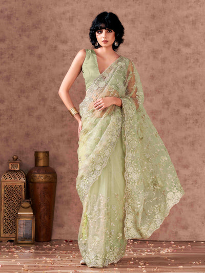 Indyancart TI Women's Green Floral Embroidered Net Saree with Unstitched Blouse