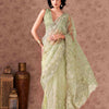 Dhiyona TI Women's Green Floral Embroidered Net Saree with Unstitched Blouse