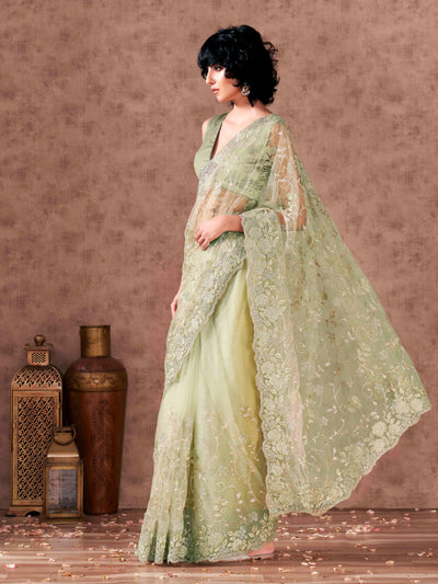 Indyancart TI Women's Green Floral Embroidered Net Saree with Unstitched Blouse
