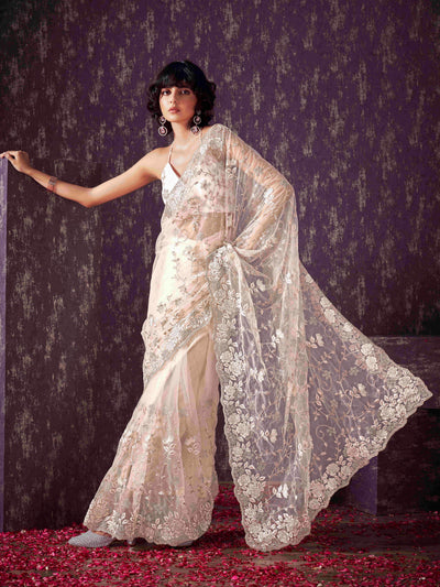 Indyancart TI Women's Off White Floral Embroidered Net Saree with Unstitched Blouse