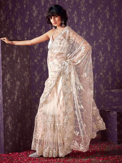 Indyancart TI Women's Off White Floral Embroidered Net Saree with Unstitched Blouse