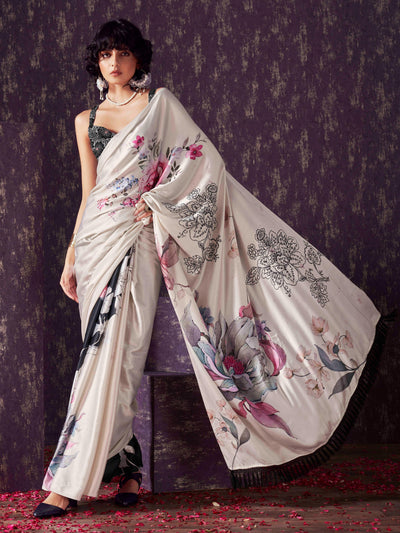 Indyancart TI Women's Two Ways Wearable Black Digital Print Saree With Unstitched Blouse