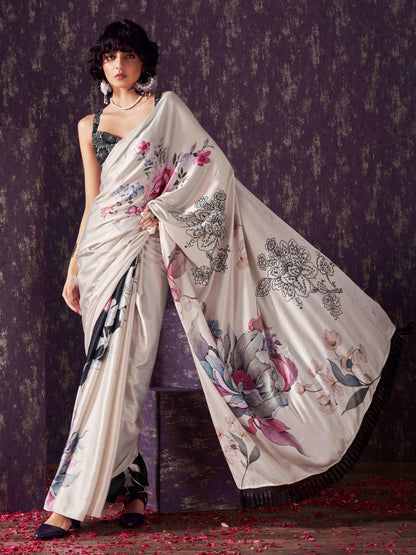 Dhiyona TI Women's Two Ways Wearable Black Digital Print Saree With Unstitched Blouse