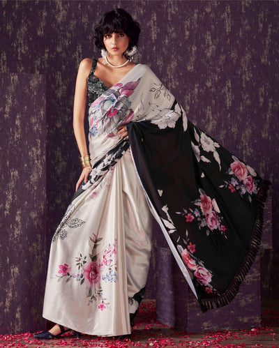 Indyancart TI Women's Two Ways Wearable Black Digital Print Saree With Unstitched Blouse