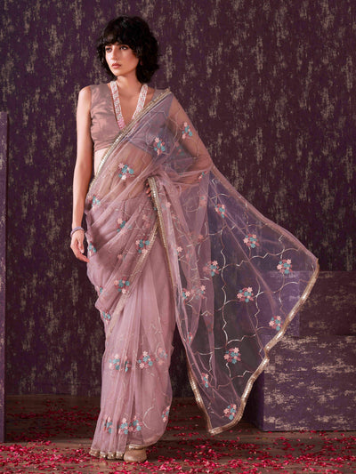 Indyancart TI Women's Rose Pink Sequined Embroidered Net Saree with Unstitched Blouse