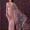 Dhiyona TI Women's Rose Pink Sequined Embroidered Net Saree with Unstitched Blouse