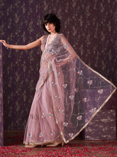Indyancart TI Women's Rose Pink Sequined Embroidered Net Saree with Unstitched Blouse