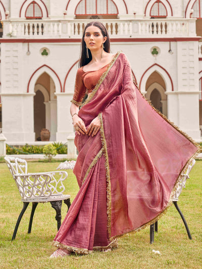 Indyancart TI Women's Pink Colored Crushed Organza Saree With Unstitched Blouse