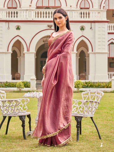 Indyancart TI Women's Pink Colored Crushed Organza Saree With Unstitched Blouse
