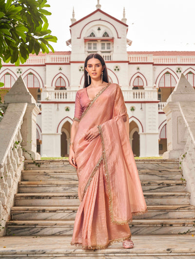 Indyancart TI Women's Peach Colored Crushed Organza Saree With Unstitched Blouse
