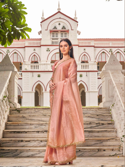 Indyancart TI Women's Peach Colored Crushed Organza Saree With Unstitched Blouse