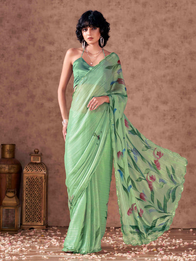 Indyancart TI Women's Green Colored Hand Painted Striped Satin Scalloped Border Saree with Unstitched Blouse