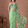 Dhiyona TI Women's Green Colored Hand Painted Striped Satin Scalloped Border Saree with Unstitched Blouse