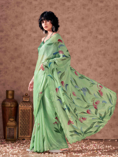 Indyancart TI Women's Green Colored Hand Painted Striped Satin Scalloped Border Saree with Unstitched Blouse