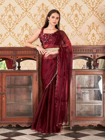 Indyancart TI Women's Maroon Colored Satin Chiffon Embroidered & Scalloped Border Saree with Unstitched Blouse