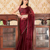 Dhiyona TI Women's Maroon Colored Satin Chiffon Embroidered & Scalloped Border Saree with Unstitched Blouse