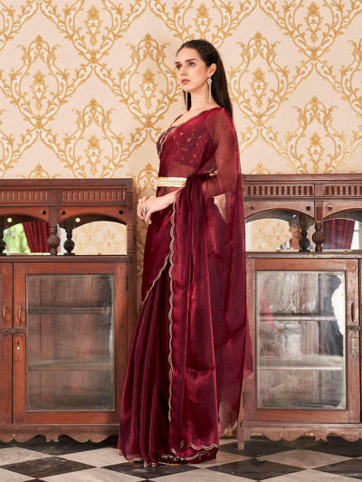 Indyancart TI Women's Maroon Colored Satin Chiffon Embroidered & Scalloped Border Saree with Unstitched Blouse