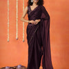 Dhiyona TI Women's Wine Colored Satin Chiffon Saree With Unstitched Blouse