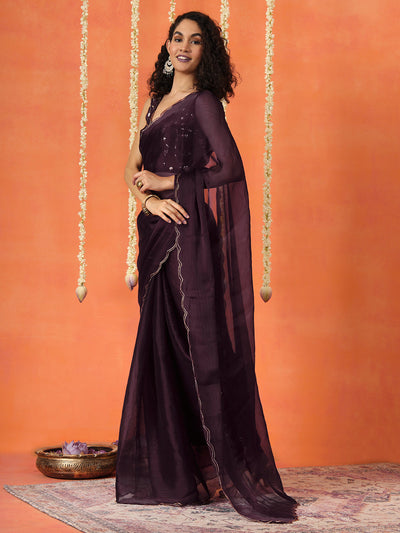 Indyancart TI Women's Wine Colored Satin Chiffon Saree With Unstitched Blouse