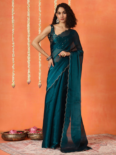 Indyancart TI Women's Teal Colored Satin Chiffon Saree With Unstitched Blouse