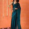 Dhiyona TI Women's Teal Colored Satin Chiffon Saree With Unstitched Blouse