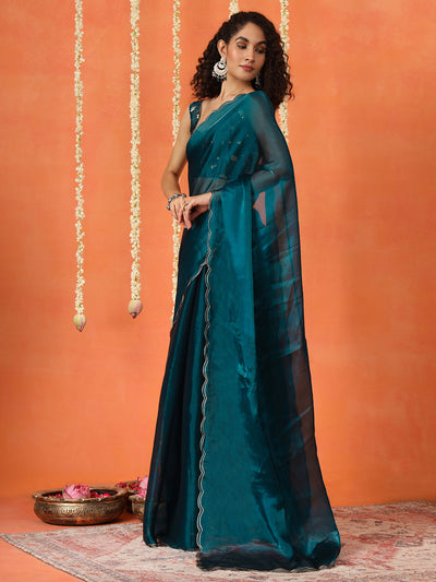 Indyancart TI Women's Teal Colored Satin Chiffon Saree With Unstitched Blouse