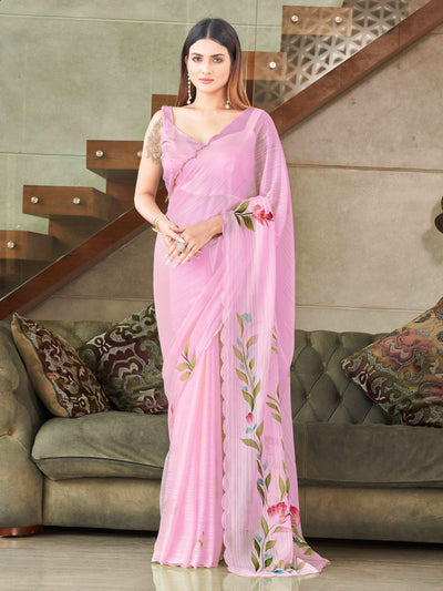 Indyancart TI Women's Pink Striped Shimmer Floral Hand Print & Scalloped Border Saree with Unstitched Blouse