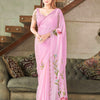 Dhiyona TI Women's Pink Striped Shimmer Floral Hand Print & Scalloped Border Saree with Unstitched Blouse