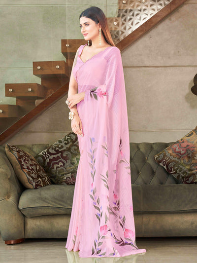 Indyancart TI Women's Pink Striped Shimmer Floral Hand Print & Scalloped Border Saree with Unstitched Blouse