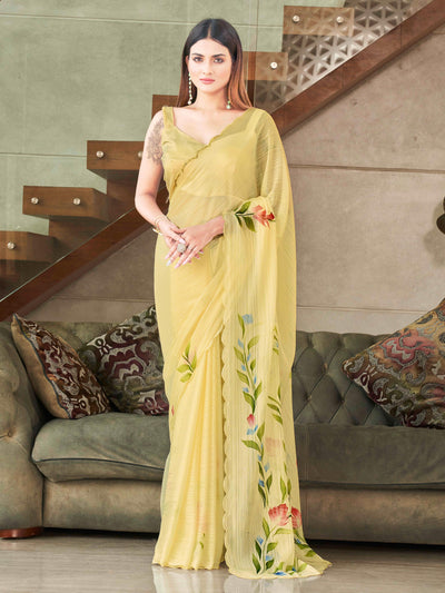 Indyancart TI Women's Yellow Striped Shimmer Floral Hand Print & Scalloped Border Saree with Unstitched Blouse