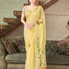 Dhiyona TI Women's Yellow Striped Shimmer Floral Hand Print & Scalloped Border Saree with Unstitched Blouse