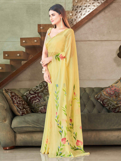 Indyancart TI Women's Yellow Striped Shimmer Floral Hand Print & Scalloped Border Saree with Unstitched Blouse