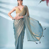 Dhiyona TI Women's Blue Two Tone Shimmer Chiffon Saree With Unstitched Blouse