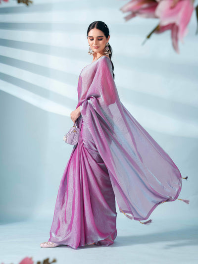 Indyancart TI Women's Pink Two Tone Shimmer Chiffon Saree With Unstitched Blouse