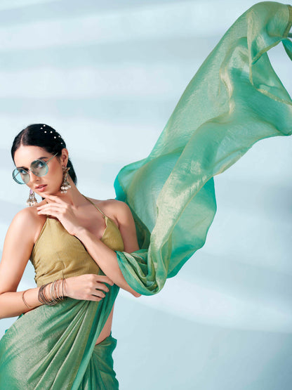 Dhiyona TI Women's Sea Green Two Tone Shimmer Chiffon Saree With Unstitched Blouse