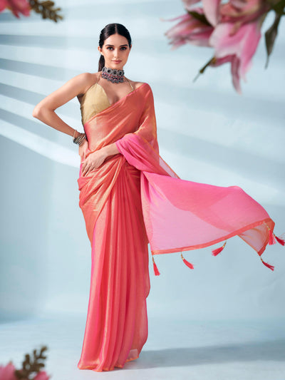 Indyancart TI Women's Pink And Gold Two Tone Shimmer Chiffon Saree With Unstitched Blouse