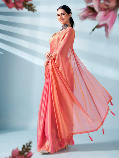 Indyancart TI Women's Pink And Gold Two Tone Shimmer Chiffon Saree With Unstitched Blouse