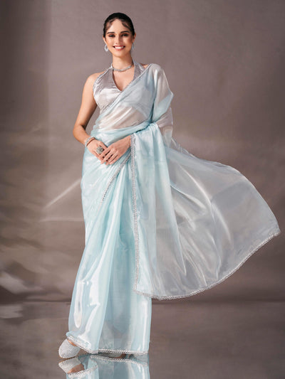 Indyancart TI Women's Sky Blue Colored Shimmer Satin Lace Saree With Unstitched Blouse