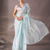 Dhiyona TI Women's Sky Blue Colored Shimmer Satin Lace Saree With Unstitched Blouse