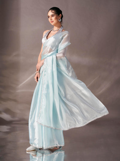 Indyancart TI Women's Sky Blue Colored Shimmer Satin Lace Saree With Unstitched Blouse