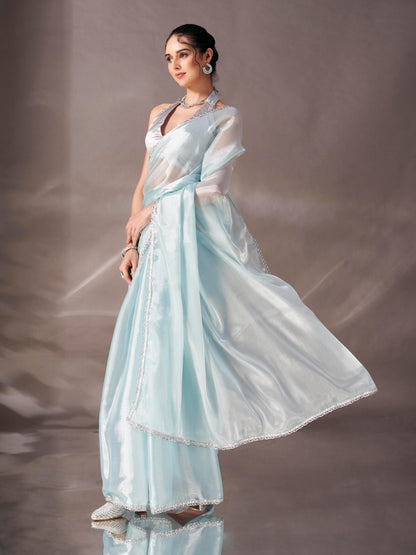 Dhiyona TI Women's Sky Blue Colored Shimmer Satin Lace Saree With Unstitched Blouse