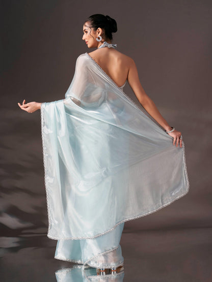 Dhiyona TI Women's Sky Blue Colored Shimmer Satin Lace Saree With Unstitched Blouse