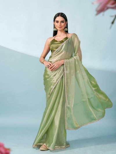 Indyancart TI Women's Green Colored Shimmer Satin Lace Saree With Unstitched Blouse