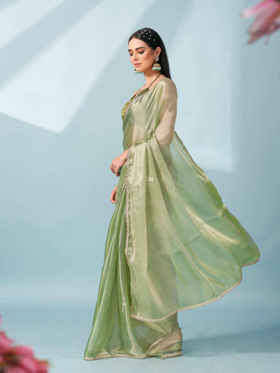 Indyancart TI Women's Green Colored Shimmer Satin Lace Saree With Unstitched Blouse